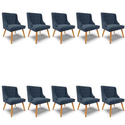 Kit 10 Cadeiras Estofadas Para Sala De Jantar Pés Palito Lia Suede Azul Marinho - Ibiza