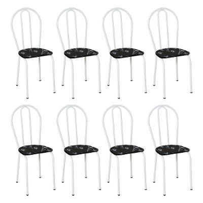 Kit 8 Cadeiras De Cozinha Texas Estampado Preto Florido Pés De Ferro Branco - Pallazio