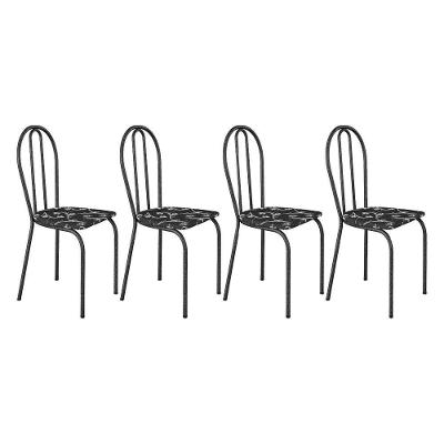 Kit 4 Cadeiras De Cozinha Texas Estampado Preto Florido Pés De Ferro Cromo Preto - Pallazio