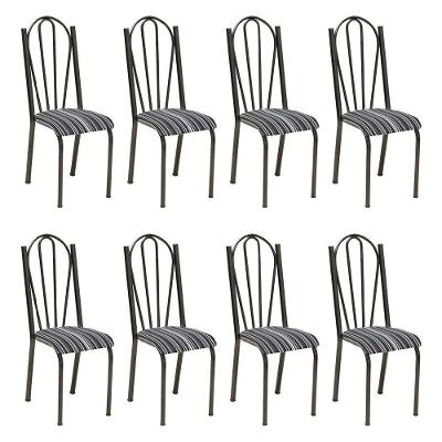 Kit 8 Cadeiras De Cozinha Alasca Estampado Preto Listrado Pés De Ferro Cromo Preto - Pallazio