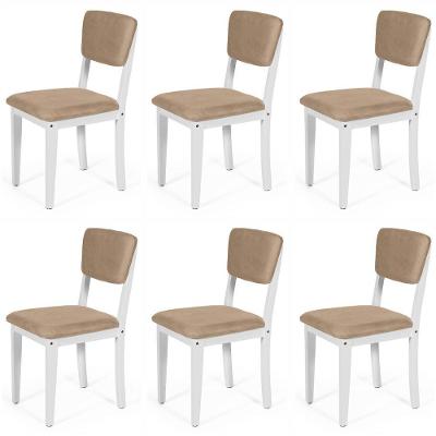 Conjunto 6 Cadeiras De Jantar Estofada Em Madeira Maciça Ella Branco/marrom Claro