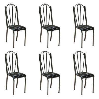 Kit 6 Cadeiras De Cozinha Alasca Estampado Preto Florido Pés De Ferro Cromo Preto - Pallazio