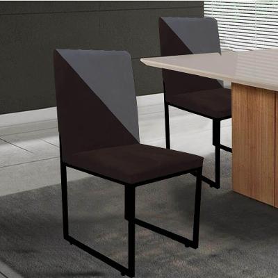 Cadeira Office Stan Duo Sala De Jantar Industrial Ferro Preto Suede Marrom E Cinza - Amey Decor