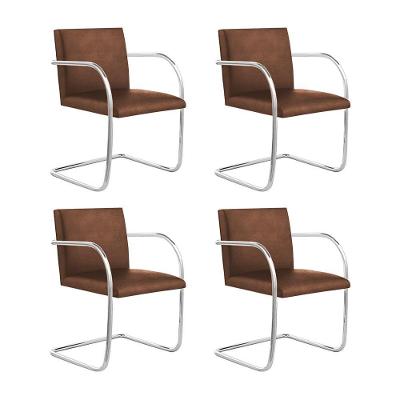 Kit 4 Cadeiras Brno Couro Natural Marrom Tubular Cromada Cor Marrom