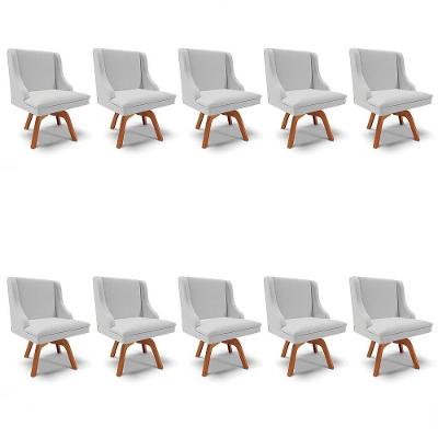 Kit 10 Cadeiras Estofadas Para Sala De Jantar Base Giratória De Madeira Lia Linho Cinza - Ibiza