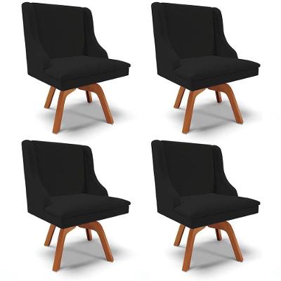 Kit 4 Cadeiras Estofadas Para Sala De Jantar Base Giratória De Madeira Lia Linho Preto - Ibiza