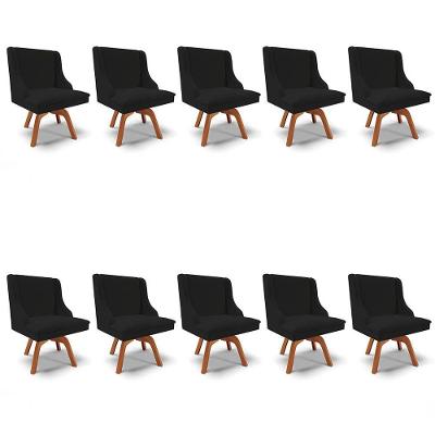 Kit 10 Cadeiras Estofadas Para Sala De Jantar Base Giratória De Madeira Lia Linho Preto - Ibiza