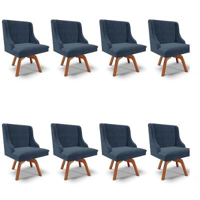 Kit 8 Cadeiras Estofadas Base Giratória De Madeira Lia Suede Azul Marinho - Ibiza
