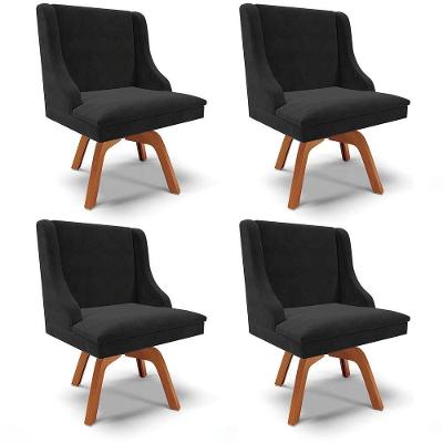Kit 4 Cadeiras Estofadas Base Giratória De Madeira Lia Suede Preto - Ibiza
