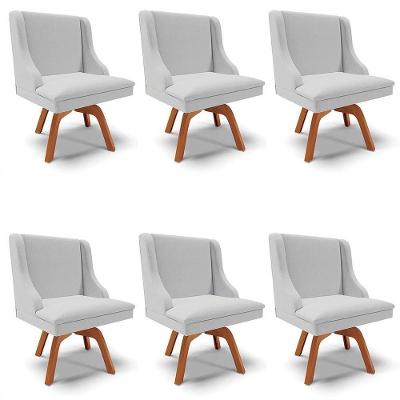 Kit 6 Cadeiras Estofadas Para Sala De Jantar Base Giratória De Madeira Lia Linho Cinza - Ibiza