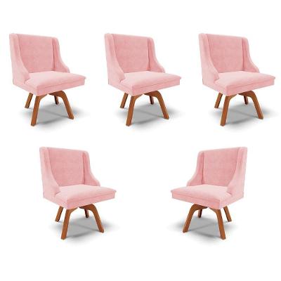 Kit 5 Cadeiras Decorativas Sala De Jantar Base Giratória De Madeira Firenze Suede Rosa Bebê/natural