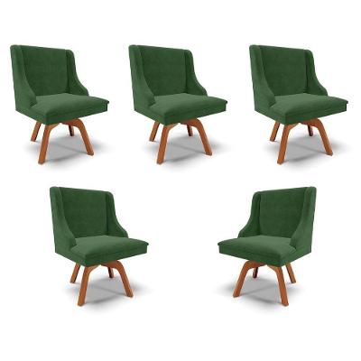 Kit 5 Cadeiras Decorativas Sala De Jantar Base Giratória De Madeira Firenze Suede Verde Esmeralda