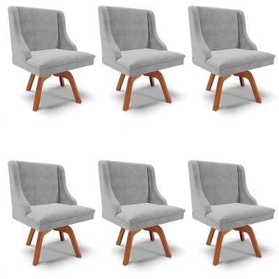 Kit 6 Cadeiras Estofadas Base Giratória De Madeira Lia Suede Cinza - Ibiza
