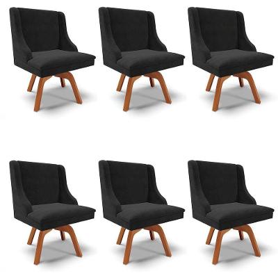 Kit 6 Cadeiras Estofadas Base Giratória De Madeira Lia Suede Preto - Ibiza