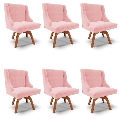 Kit 6 Cadeiras Estofadas Base Giratória De Madeira Lia Suede Rosa Bebê - Ibiza