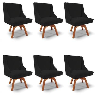 Kit 6 Cadeiras Estofadas Para Sala De Jantar Base Giratória De Madeira Lia Linho Preto - Ibiza