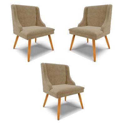 Kit 3 Cadeiras Decorativas Sala De Jantar Pés Palito De Madeira Firenze Suede Nude/natural G19