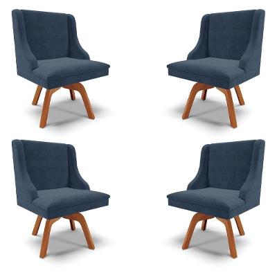 Kit 4 Cadeiras Decorativas Sala De Jantar Base Giratória De Madeira Firenze Suede Azul Marinho