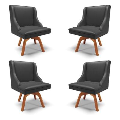 Kit 4 Cadeiras Decorativas Sala De Jantar Base Giratória De Madeira Firenze Pu Preto Fosco/natural