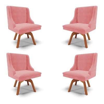 Kit 4 Cadeiras Decorativas Sala De Jantar Base Giratória De Madeira Firenze Suede Rosê/natural G19