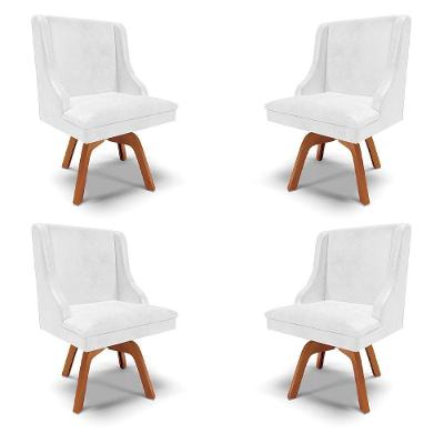 Kit 4 Cadeiras Decorativas Sala De Jantar Base Giratória De Madeira Firenze Pu Branco Brilho/natural G19 - Gran Belo
