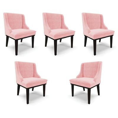 Kit 5 Cadeiras Decorativas Sala De Jantar Base Fixa De Madeira Firenze Suede Rosa Bebê/preto G19