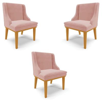 Kit 3 Cadeiras Decorativas Sala De Jantar Base Fixa De Madeira Firenze Veludo Rose/castanho G19