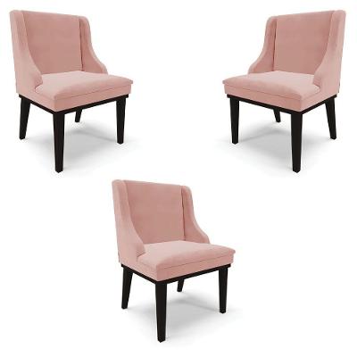Kit 3 Cadeiras Decorativas Sala De Jantar Base Fixa De Madeira Firenze Veludo Rosê/preto G19