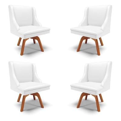 Kit 4 Cadeiras Decorativas Sala De Jantar Base Giratória De Madeira Firenze Pu Branco Fosco/natural