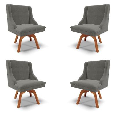 Kit 4 Cadeiras Decorativas Sala De Jantar Base Giratória De Madeira Firenze Suede Grafite/natural G19 - Gran Belo
