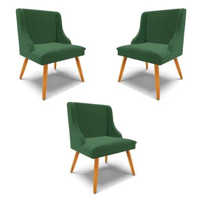 Kit 3 Cadeiras Decorativas Sala De Jantar Pés Palito De Madeira Firenze Veludo Verde/natural G19
