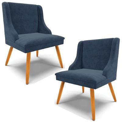 Kit 2 Cadeiras Decorativas Sala De Jantar Pés Palito De Madeira Firenze Suede Azul Marinho/natural