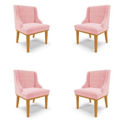 Kit 4 Cadeiras Decorativas Sala De Jantar Base Fixa De Madeira Firenze Suede Rosa Bebê/castanho G19