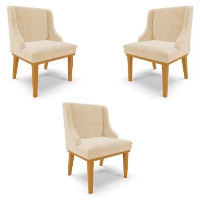 Kit 3 Cadeiras Decorativas Sala De Jantar Base Fixa De Madeira Firenze Suede Bege/castanho G19