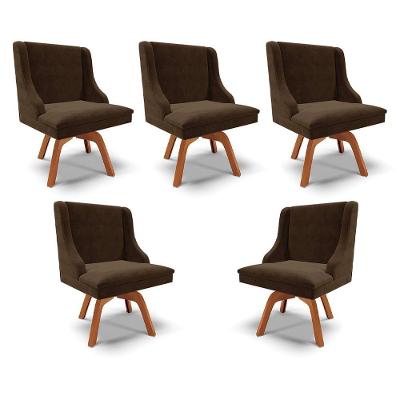 Kit 5 Cadeiras Decorativas Sala De Jantar Base Giratória De Madeira Firenze Suede Marrom/natural G19