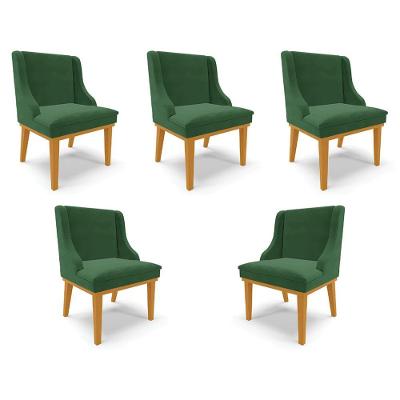 Kit 5 Cadeiras Decorativas Sala De Jantar Base Fixa De Madeira Veludo Verde Esmeralda/castanho
