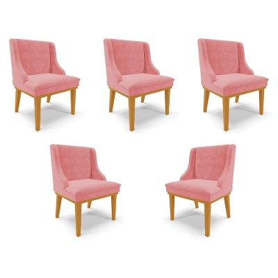 Kit 5 Cadeiras Decorativas Sala De Jantar Base Fixa De Madeira Firenze Suede Rose/castanho G19