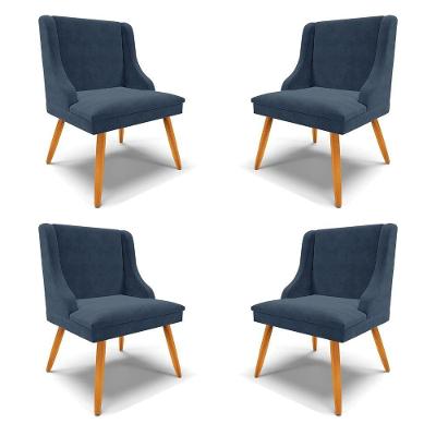 Kit 4 Cadeiras Decorativas Sala De Jantar Pés Palito De Madeira Firenze Suede Azul Marinho/natural