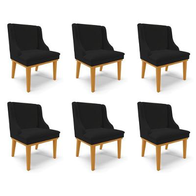 Kit 6 Cadeiras Decorativas Sala De Jantar Base Fixa De Madeira Firenze Linho Preto/castanho G19 - Gran Belo