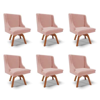 Kit 6 Cadeiras Decorativas Sala De Jantar Base Giratória De Madeira Firenze Veludo Rosê/natural G19