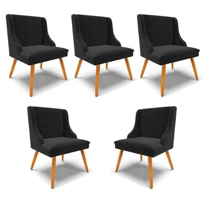 Kit 5 Cadeiras Decorativas Sala De Jantar Pés Palito De Madeira Firenze Suede Preto/natural G19 - Gran Belo