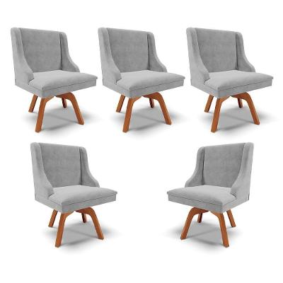 Kit 5 Cadeiras Decorativas Sala De Jantar Base Giratória De Madeira Firenze Suede Cinza/natural G19