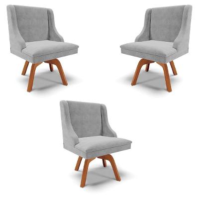 Kit 3 Cadeiras Decorativas Sala De Jantar Base Giratória De Madeira Firenze Suede Cinza/natural G19