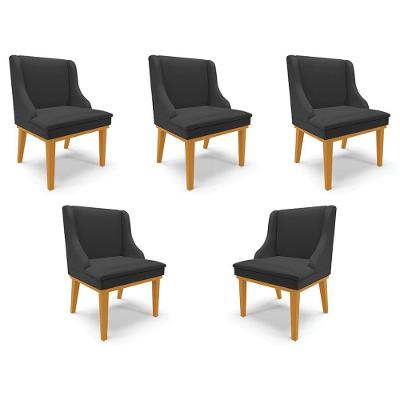 Kit 5 Cadeiras Decorativas Sala De Jantar Base Fixa De Madeira Firenze Pu Preto Fosco/castanho G19