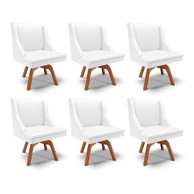 Kit 6 Cadeiras Decorativas Sala De Jantar Base Giratória De Madeira Firenze Pu Branco Fosco/natural