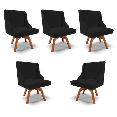 Kit 5 Cadeiras Decorativas Sala De Jantar Base Giratória De Madeira Firenze Linho Preto/natural G19