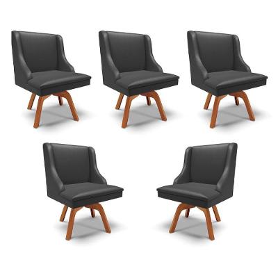 Kit 5 Cadeiras Decorativas Sala De Jantar Base Giratória De Madeira Firenze Pu Preto Fosco/natural