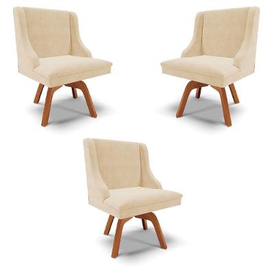 Kit 3 Cadeiras Decorativas Sala De Jantar Base Giratória De Madeira Firenze Suede Bege/natural G19 - Gran Belo