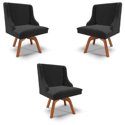 Kit 3 Cadeiras Decorativas Sala De Jantar Base Giratória De Madeira Firenze Veludo Preto/natural G19