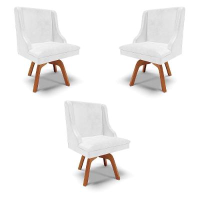 Kit 3 Cadeiras Decorativas Sala De Jantar Base Giratória De Madeira Firenze Pu Branco Brilho/natural G19 - Gran Belo